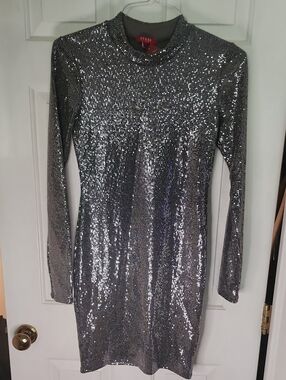 Guess Silver Sequin Long-Sleeve Mini Dress
